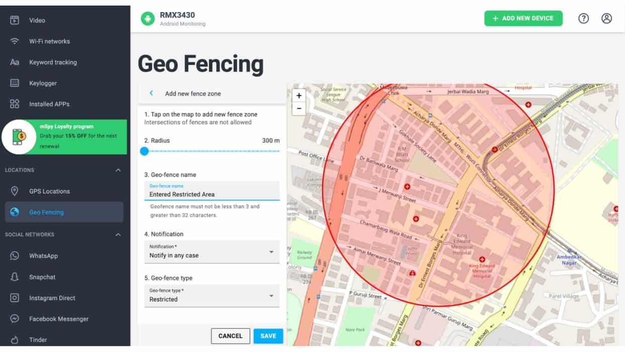 Geo Fencing zone area selected on the map