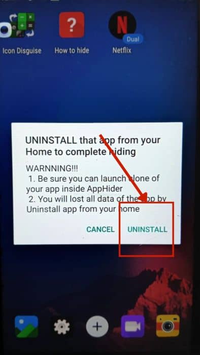 Uninstall option on the pop up