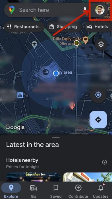 Profile icon at the top right corner on the Google Maps