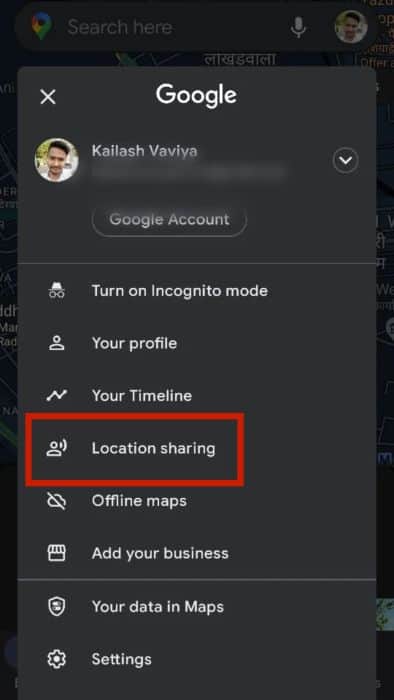 Location sharing option in the menu