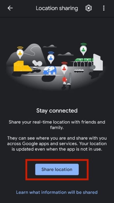 Share location button on location sharing screen