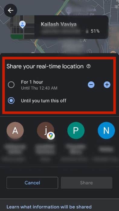 Duration selection option for location sharing