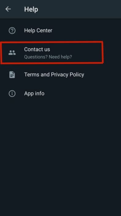 Contact us option on the Whatsapp help page