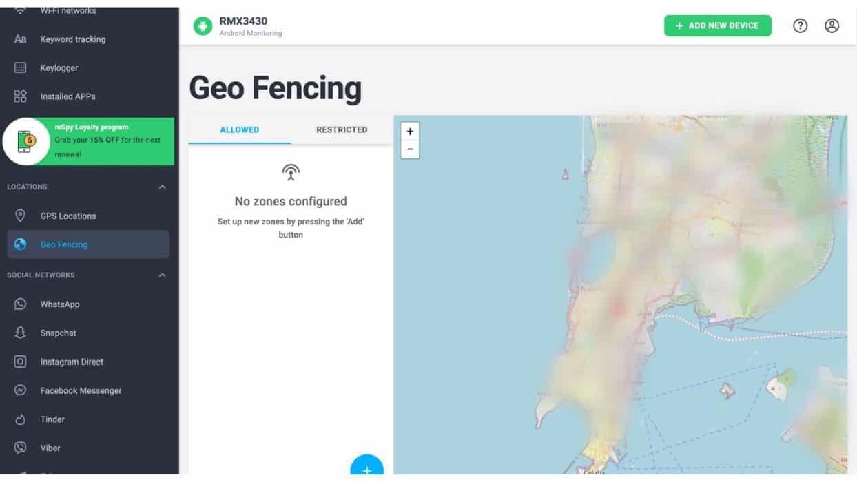 Geo Fencing feature on the mSpy dashboard