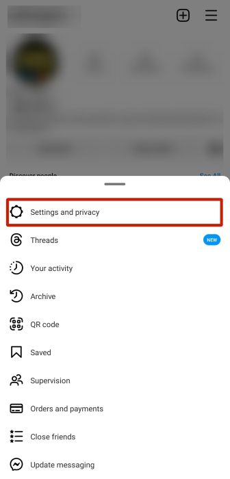 Settings and privacy option in the menu