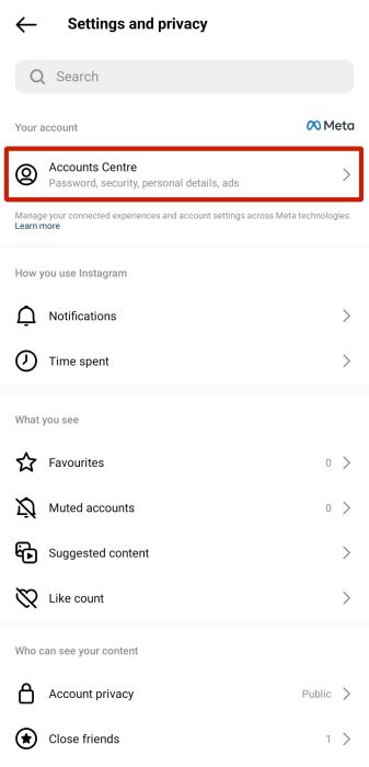 Accounts center option in the settings and privacy