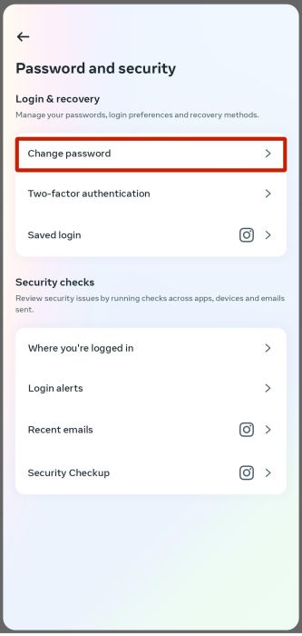 Change password option inside password and security