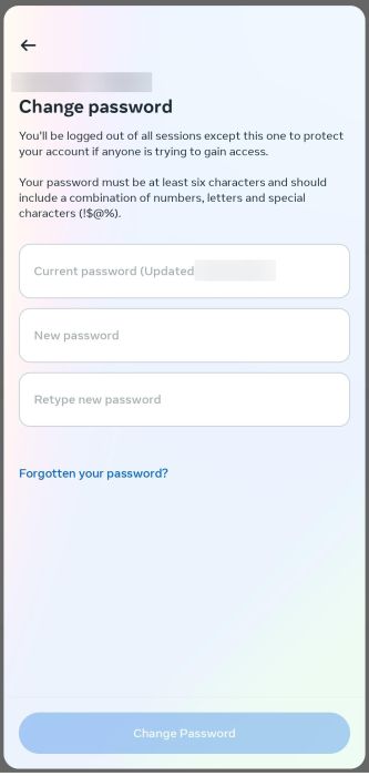 Text fields to enter old and new passwords