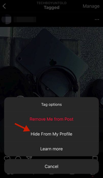 Hide from my profile option in the menu