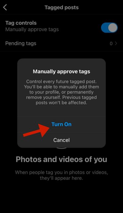Turn on option on the pop up to manually approve tags