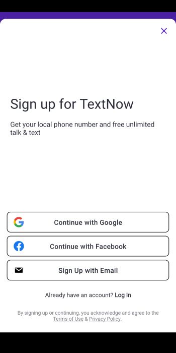 Different sign up ways provided by TextNow app
