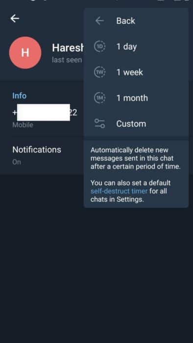 Duration selection option for auto deleting messages