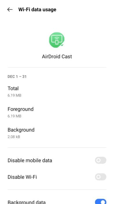 Wi-Fi data usage info of AirDroid Cast app