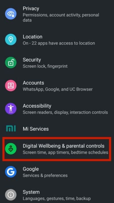 Digital Wellbeing and parental controls option in settings