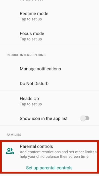 Parental controls option in the app settings
